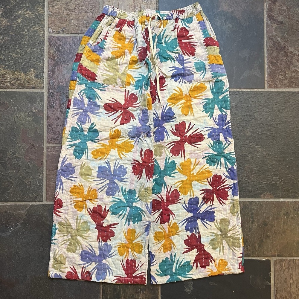Handmade Kantha Stitch Reversible Wide Leg Pants Floral Bird Print Boho L